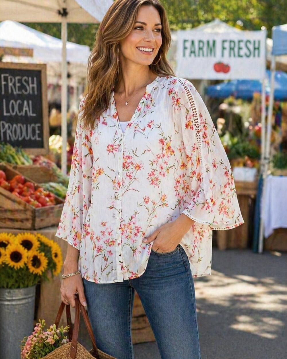 Susan Graver Floral Sheer Blouse Tank Set L Hi Low Button Front